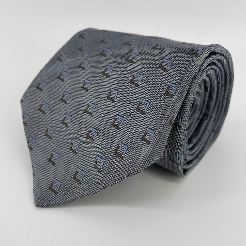 Robert Talbott Studio Extra Long Silk Tie Grey Blue Geometric Squares Hand Sewn